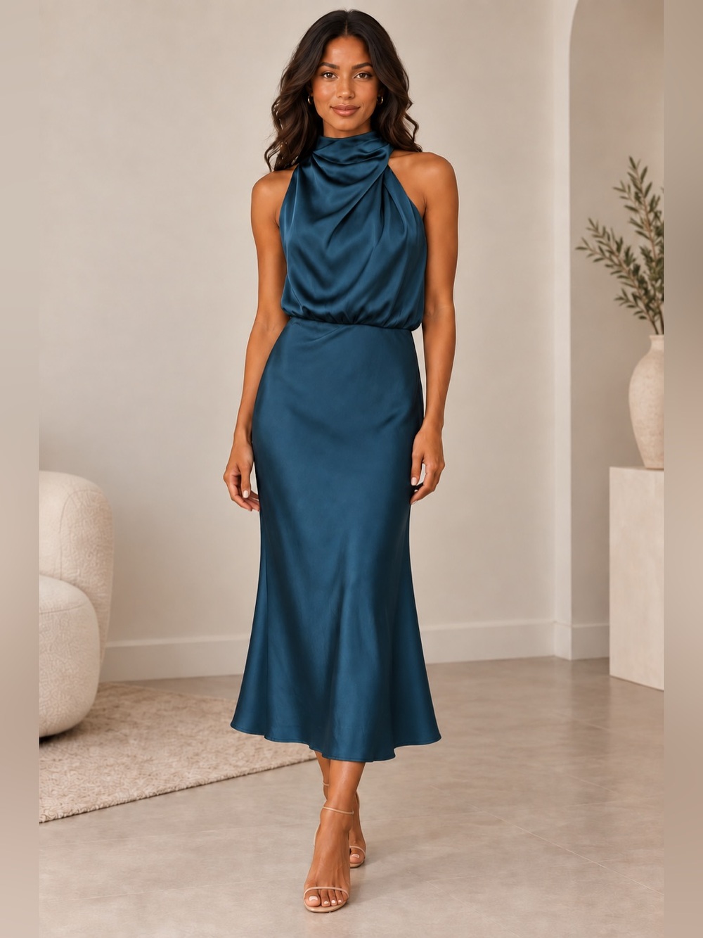 Petal & Pup Teal Satin Cowl Neck Midi Dress, Size S